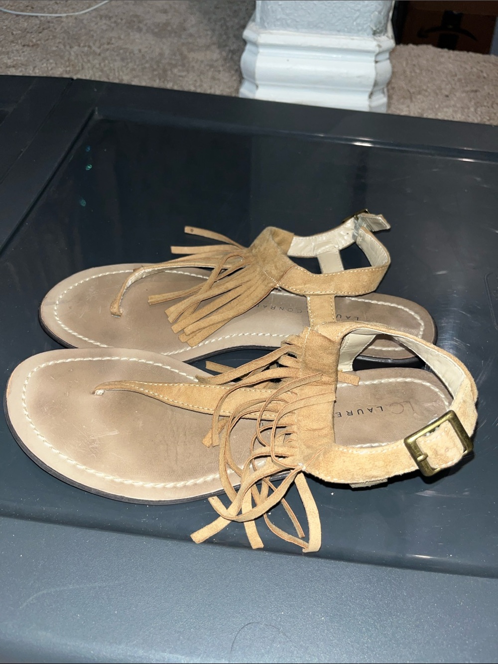 LC Lauren Conrad Tan Suede Fringe T-Strap Sandals